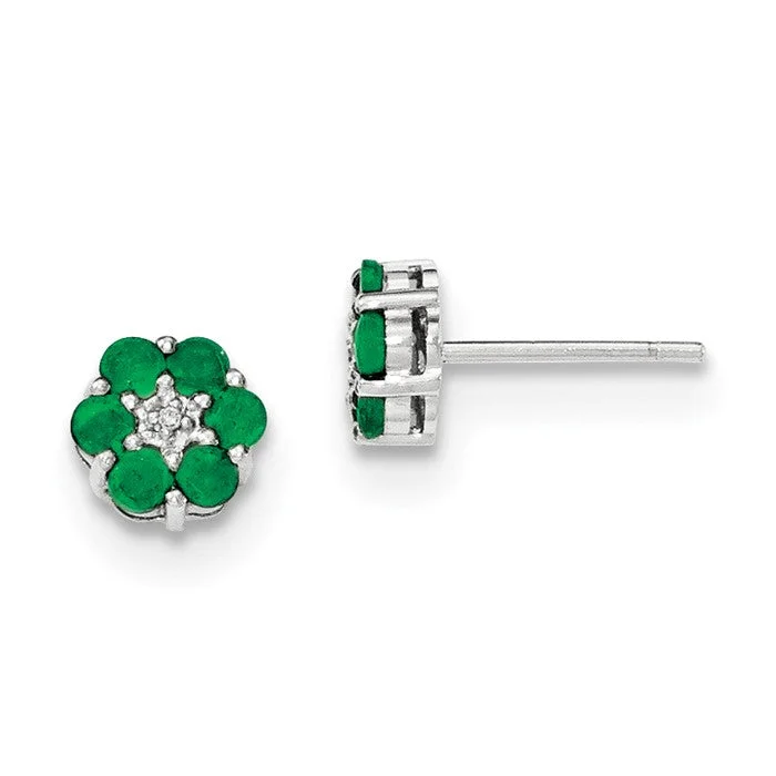 ladies gold earrings intricate patterns -14K White Gold Solid Emerald And Diamond Post Flower Earrings