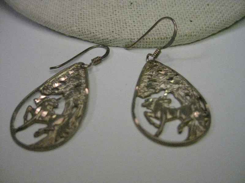 ladies gem earrings nature themes -Vintage Sterling Silver Unicorn in the Woods Earrings, Diamond Cut, Dangle Pierced