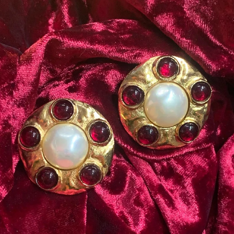 ladies silver earrings agate stones -Vintage Chanel red gripoix glass pearl earrings