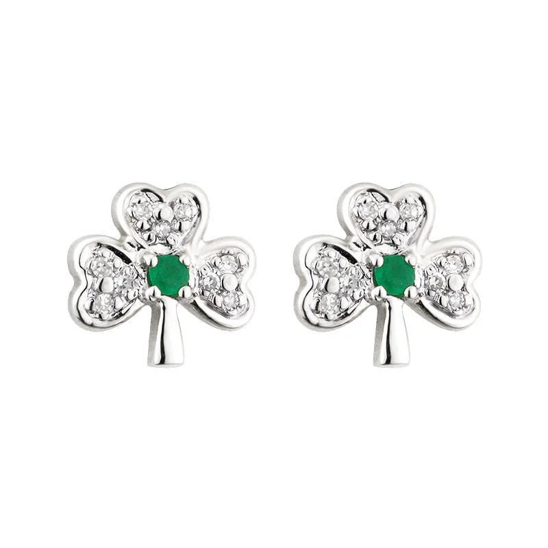 ladies tassel earrings stylish -14K White Gold Diamond & Emerald Shamrock Earrings