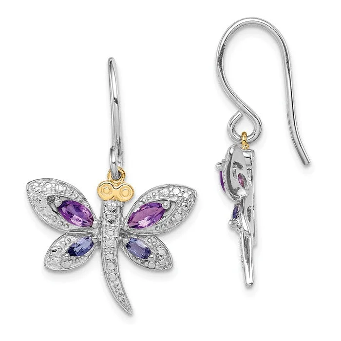 silver stud earrings for women custom -Sterling Silver And 14K Amethyst And Iolite And Diamond Dragonfly Earrings