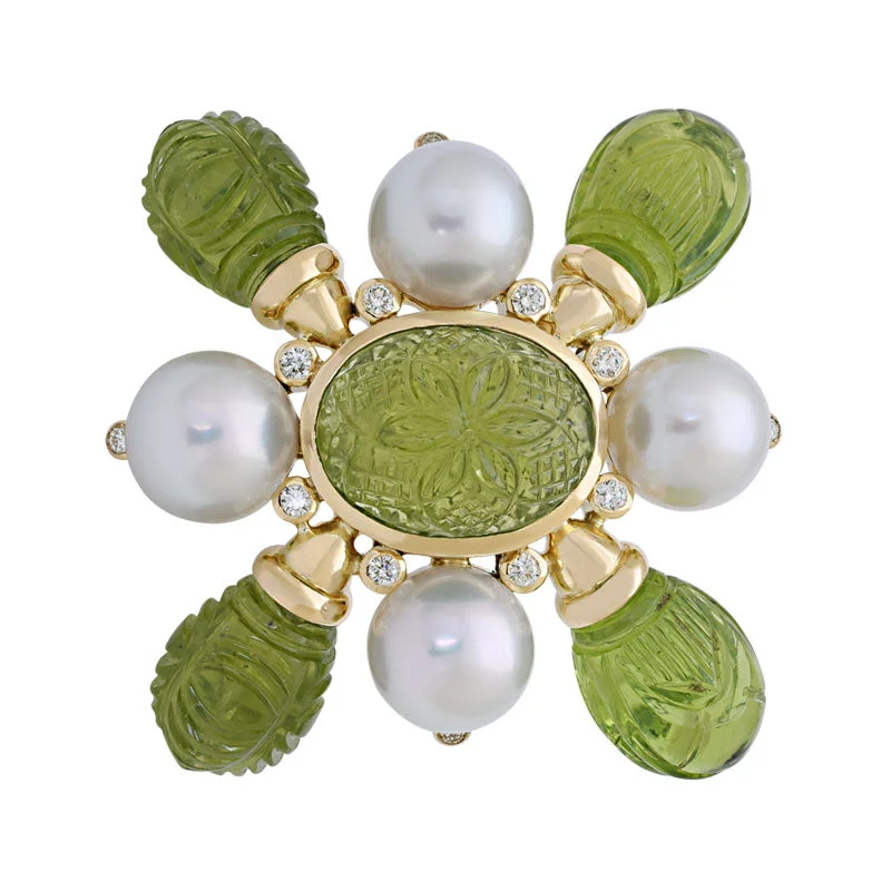 ladies silver brooch jade stones -Brooch- Peridot, South Sea Pearl and Diamond (1832D)