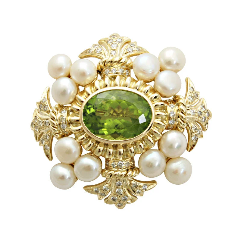 rose gold cross brooch for women -Brooch-Peridot, Pearl and Diamond  (1567B)