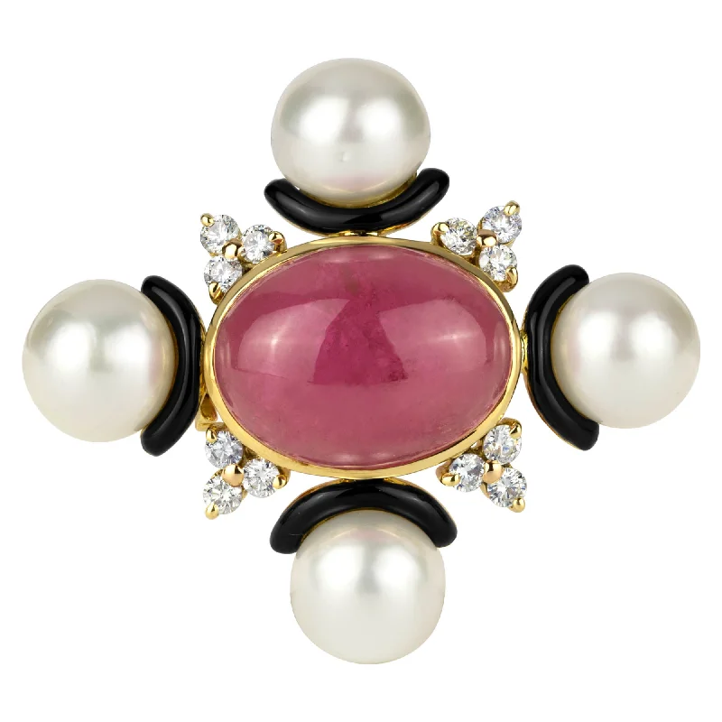 ladies hammered gold brooch -Brooch- Rubellite, Pearl And Diamond (enamel) (1890A)