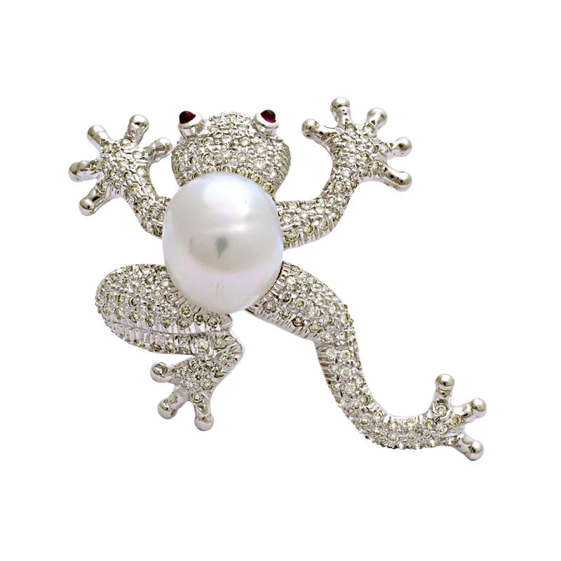 ladies gold brooch dog motifs -Brooch-Ruby, South Sea Pearl and Diamond