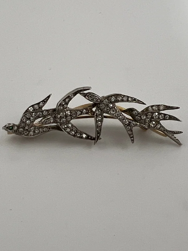 ladies party brooch gold finish -Victorian 4 Swallow Bird Diamond Brooch