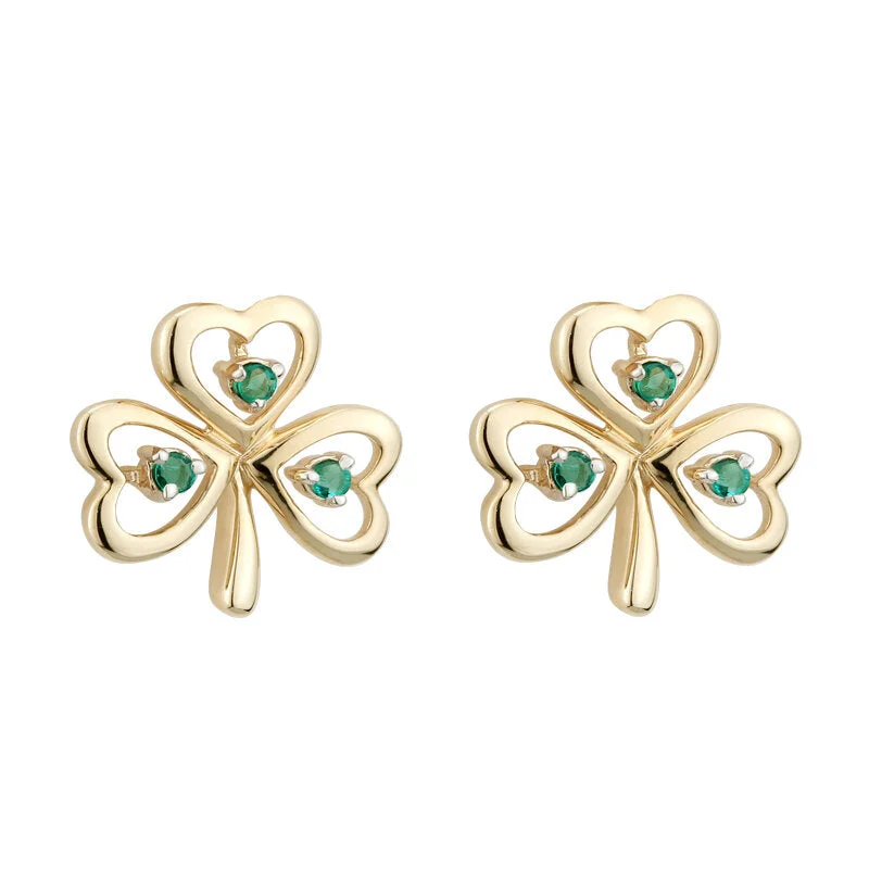 ladies party earrings gold finish -14K Gold Emerald Shamrock Earrings