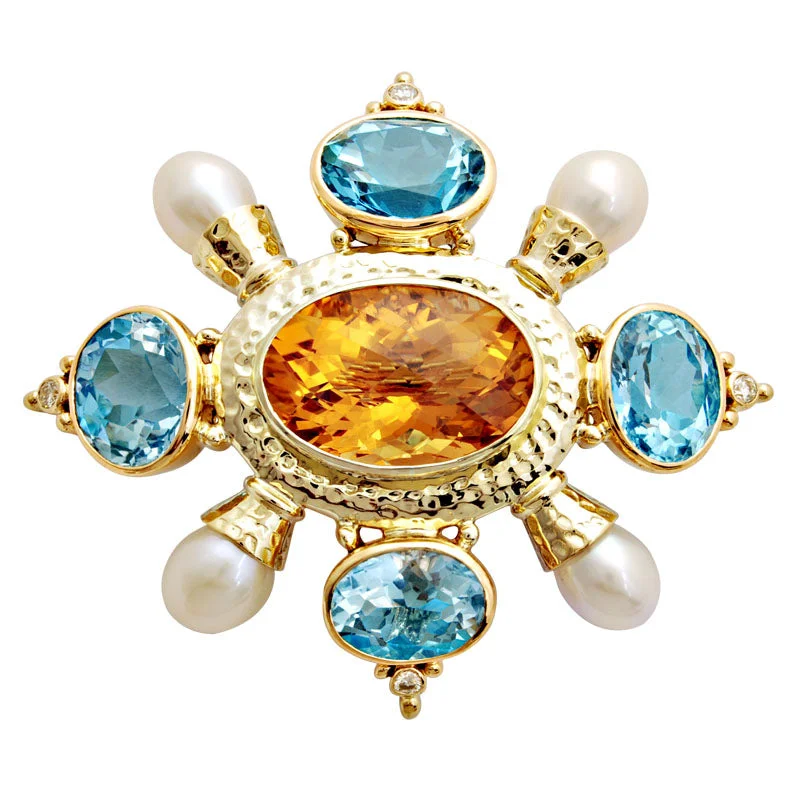 ladies silver brooch lapis lazuli -Brooch-Citrine, Blue Topaz, Pearl and Diamond