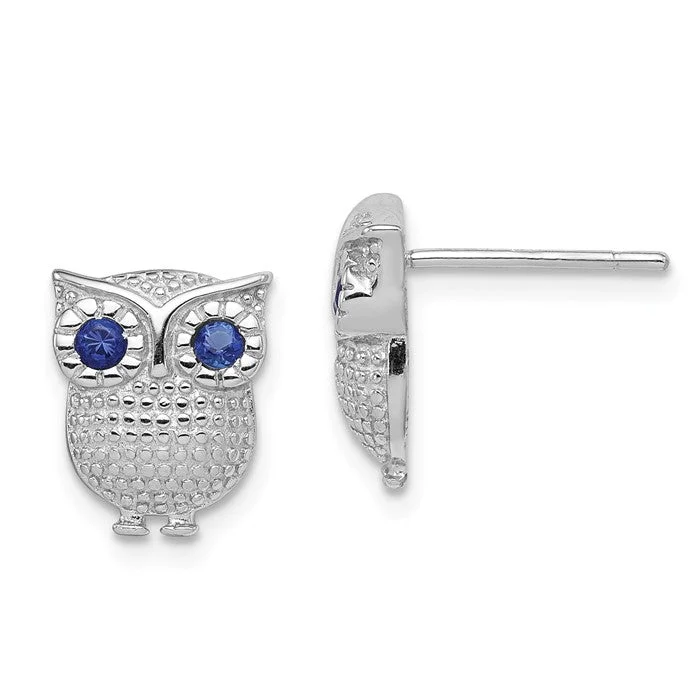 silver wave earrings for women -Sterling Silver Blue Created Sapphire Owl Post Earrings