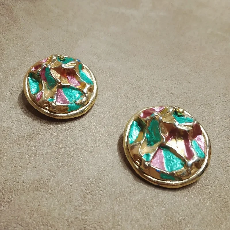 leaf design earrings for women -Jacky De G Chunky Vintage Gold Multi coloured Round Earrings