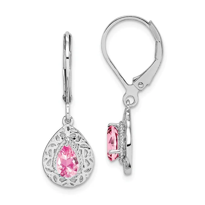 ladies silver earrings amethyst stones -Sterling Silver Pink Tourmaline Filigree Pear Lever Back Earrings