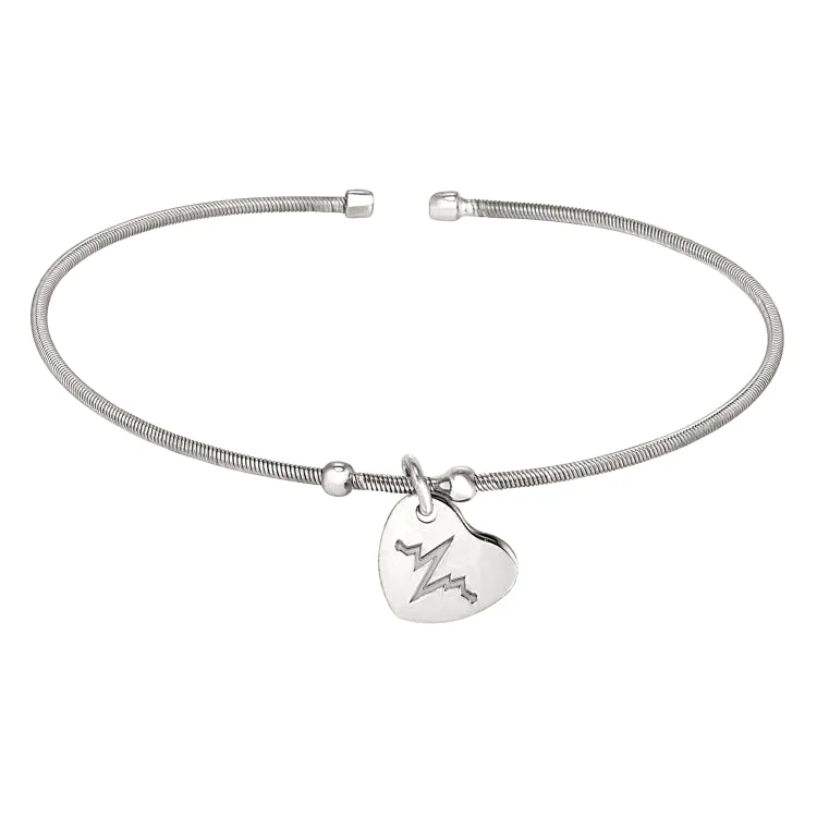 Ladies chakra balance bracelets -Rhodium Finish Sterling Silver Cable Cuff Bracelet with a Dangling Polished Heart Charm with a Heartbeat Design.