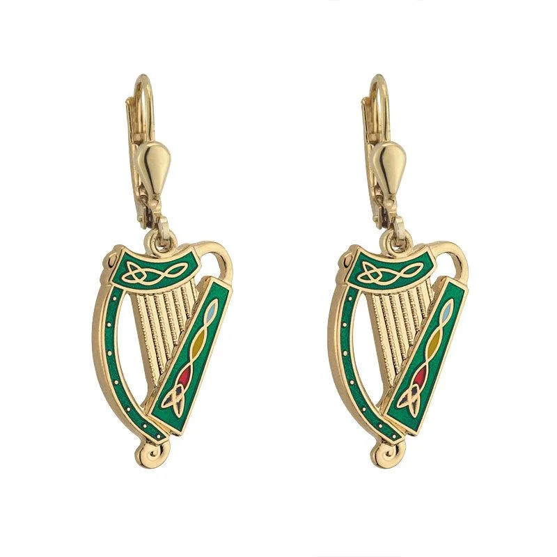 ladies white gold earrings twists -Gold Plated Green Harp Earrings