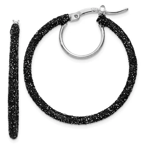 matte silver earrings for women -Sterling Silver Rhodium And Black Glitter Enamel Glitter Hoop Earrings