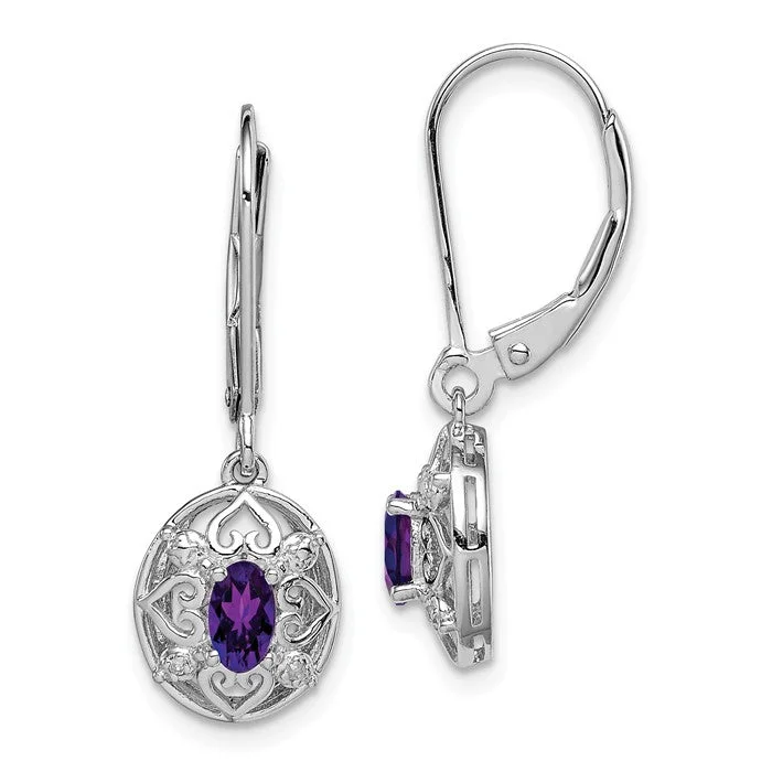 striped pattern earrings for women -Sterling Silver Amethyst and Diamond Leverback Earrings