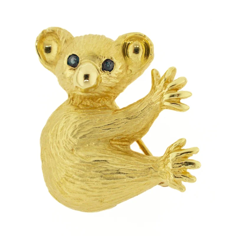 carved design brooch for women -Koala Sapphire Accented Brooch in 14K Yellow Gold