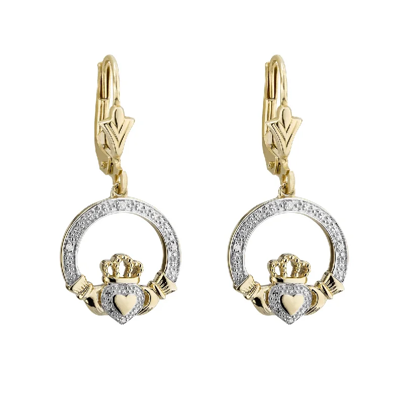 gold twist earrings for women -10k Gold Diamond Claddagh Earrings