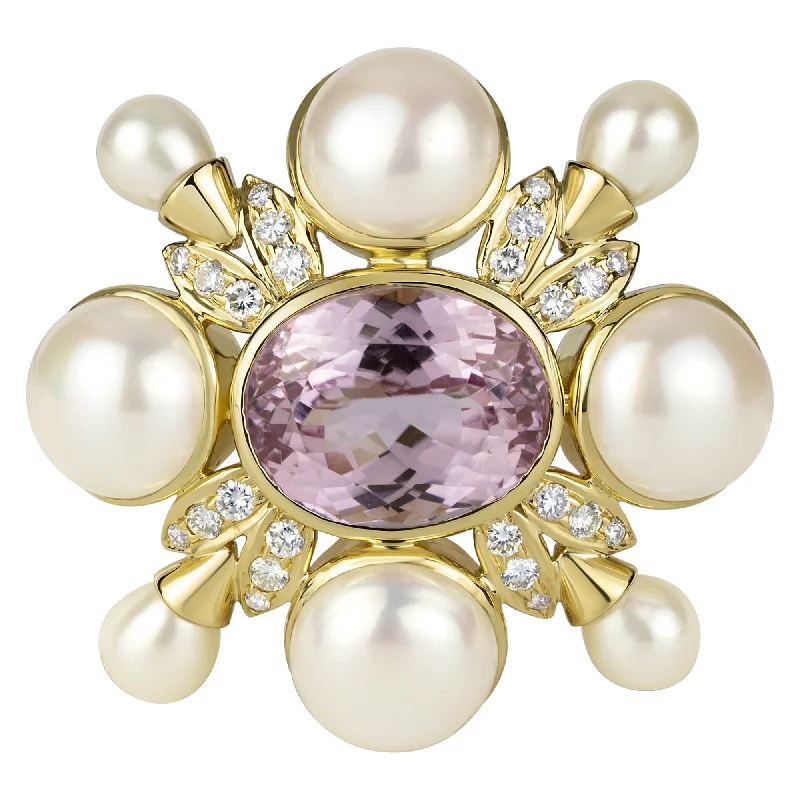 ladies silver brooch amethyst stones -Brooch- Kunzite, Pearl And Diamond (1220A)