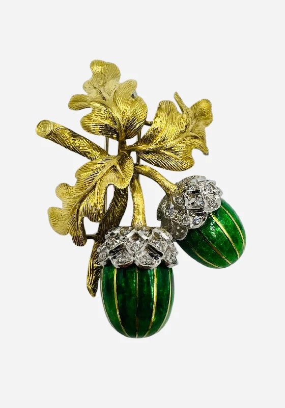 premium platinum brooch for women -1970s Oak Leaves And Enameled Acorns 18k Yellow Gold Brooch