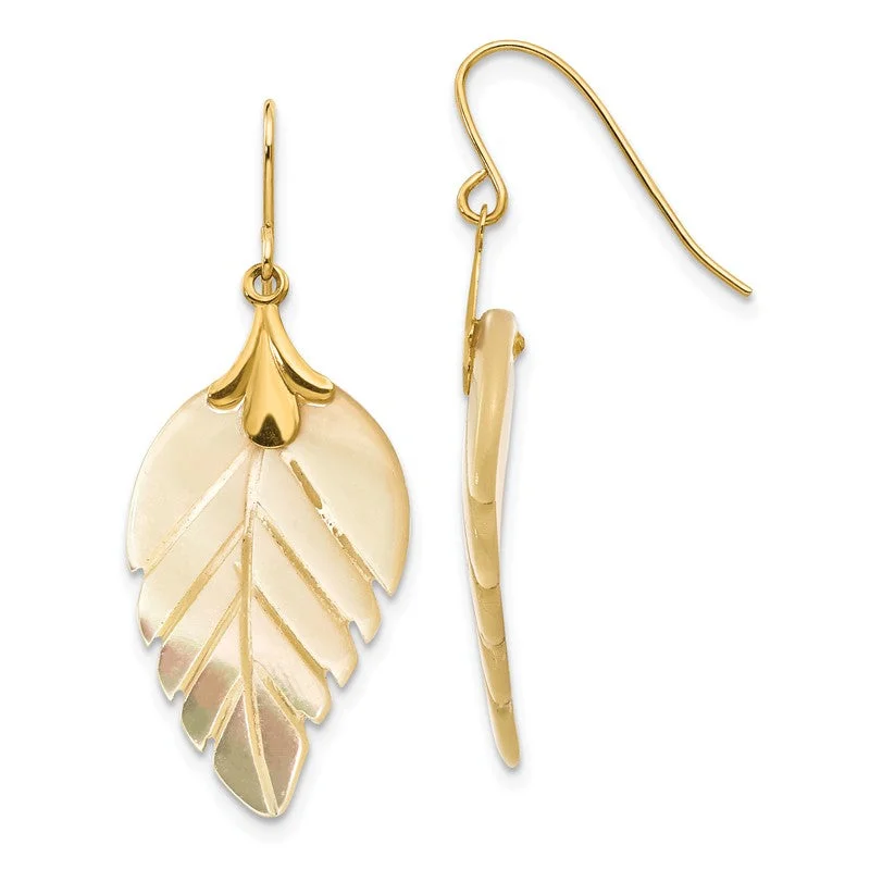 ladies rose gold earrings circles -14k Gold Mother Of Pearl Leaf Dangle Earrings