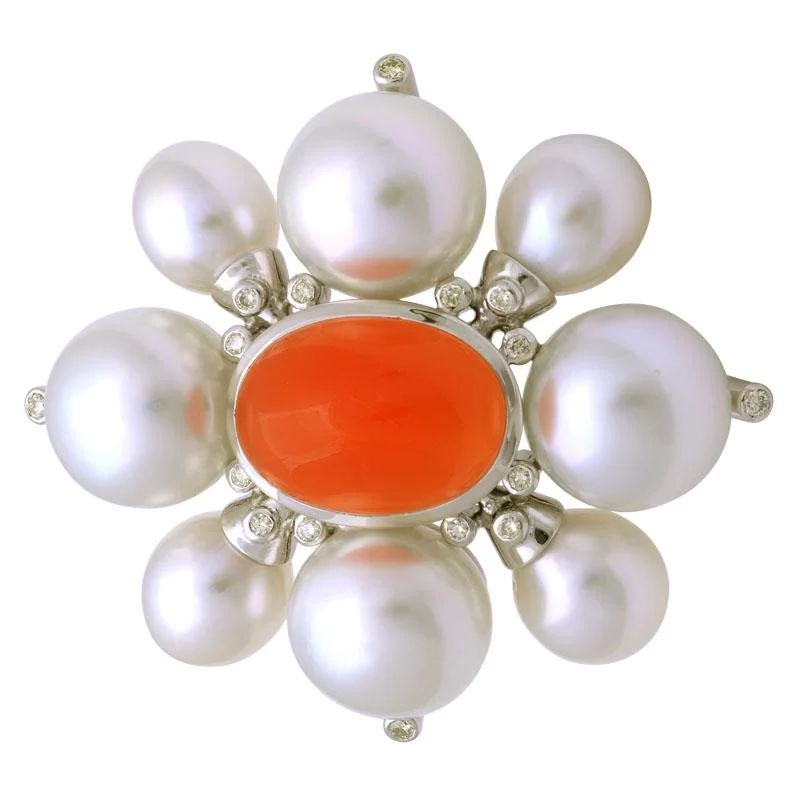 minimalist link brooch for women -Brooch-Cornelian, South Sea Pearl and Diamond  (128BS)