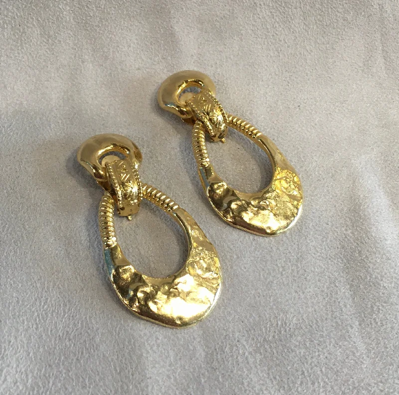 gold sun motif earrings for women -Vintage Gold Door Knocker Clip On Earrings