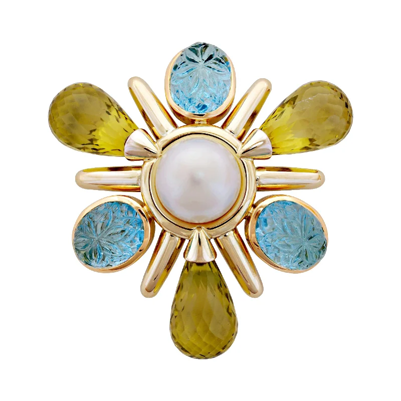 polished silver brooch for women -Brooch- Blue Topaz, Lemon Quartz And Pearl