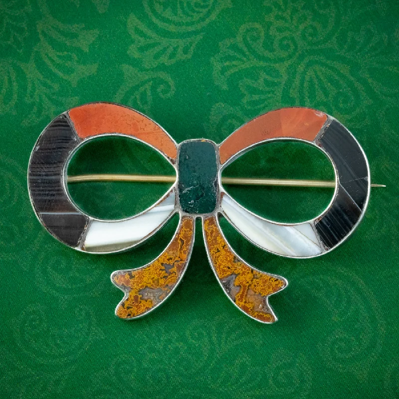 vintage brooch for women retro design -Antique Victorian Scottish Agate Bow Brooch Silver