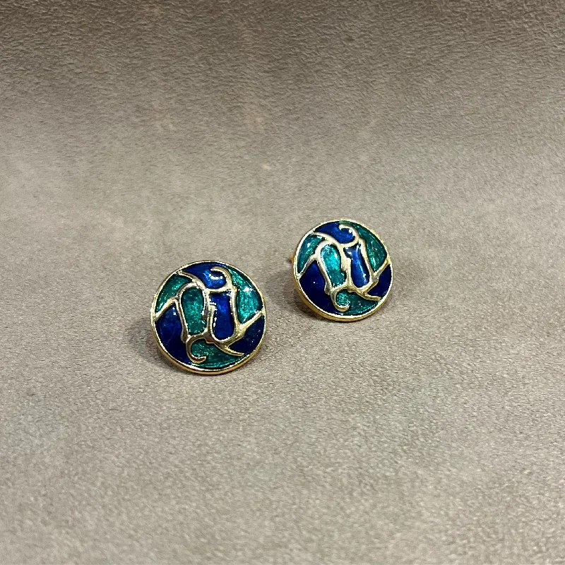 ladies silver earrings lapis lazuli -Vintage Blue and Green Enamel Clip On Earrings