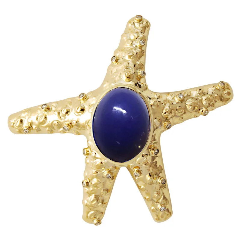 ladies yellow gold brooch beads -Brooch-Lapis Lazuli and Diamond