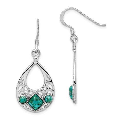 rose gold oval earrings for women -Sterling Silver Teardrop Filigree Turquoise Dangle Earrings