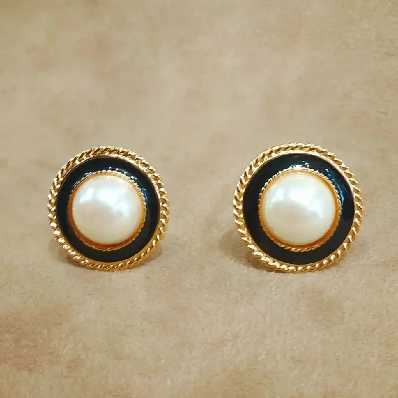 ladies silver earrings sodalite stones -Vintage Gold Round Pearl Black Enamel Ropey Rim Earrings Clip On