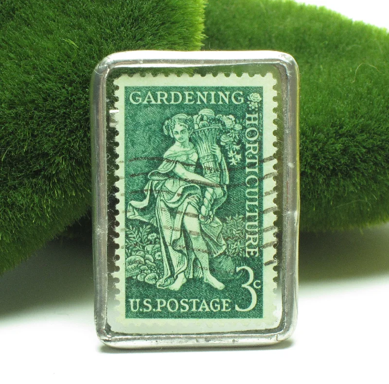 ladies brooch etched florals -Gardening & Horticulture Postage Stamp Brooch Soldered Glass Pin