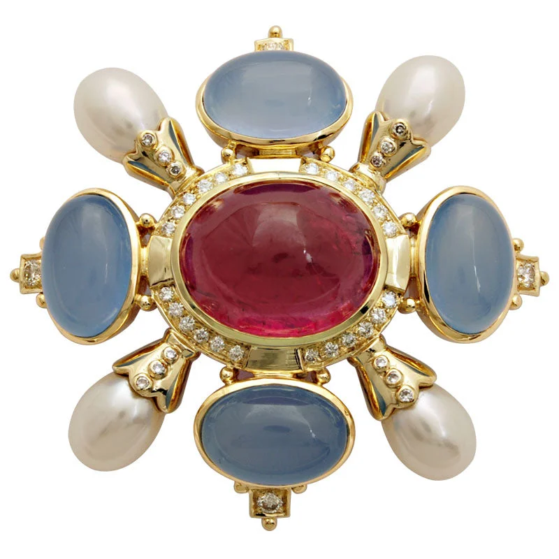 ladies gem brooch ocean themes -Brooch-Chalcedony, Pearl, Rubellite and Diamond