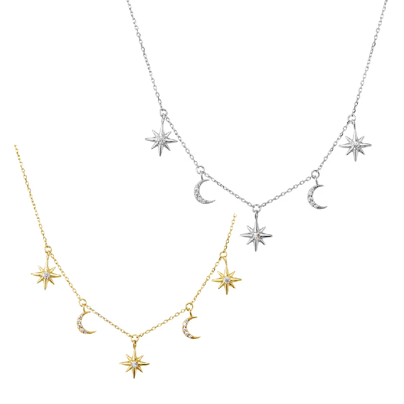 Pastoral glow necklaces -Sterling Silver Necklace - CZ Star and Moon