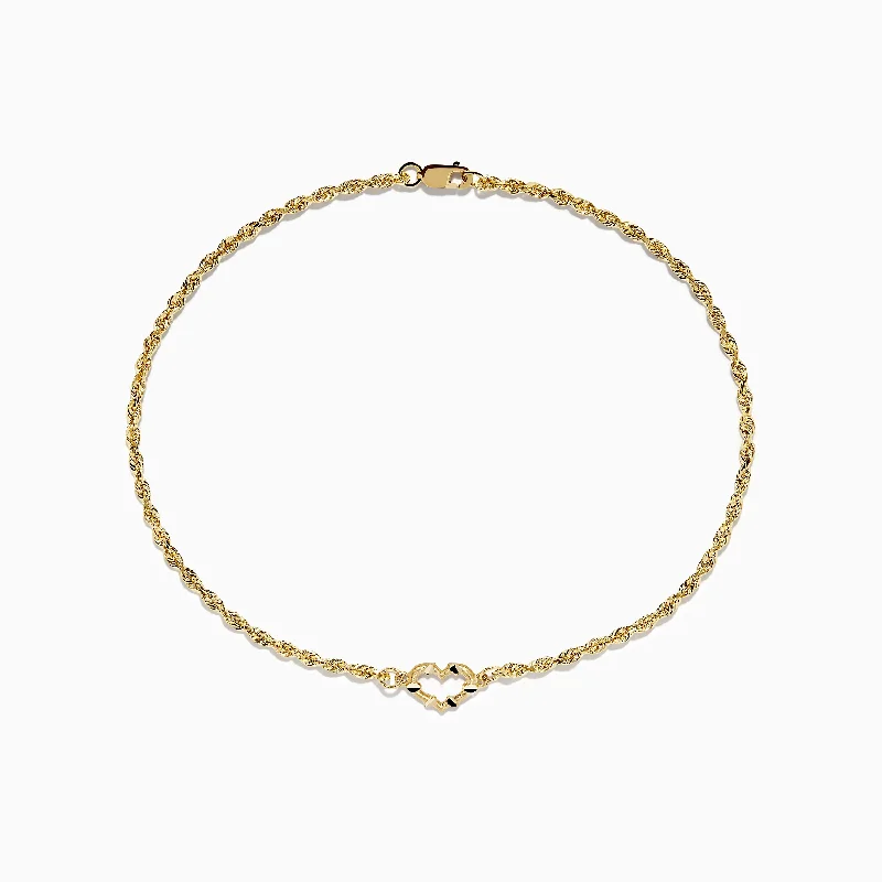 Ladies group unity bracelets -14K Yellow Gold Open Heart Solid Glitter Chain Ankle Bracelet 10"