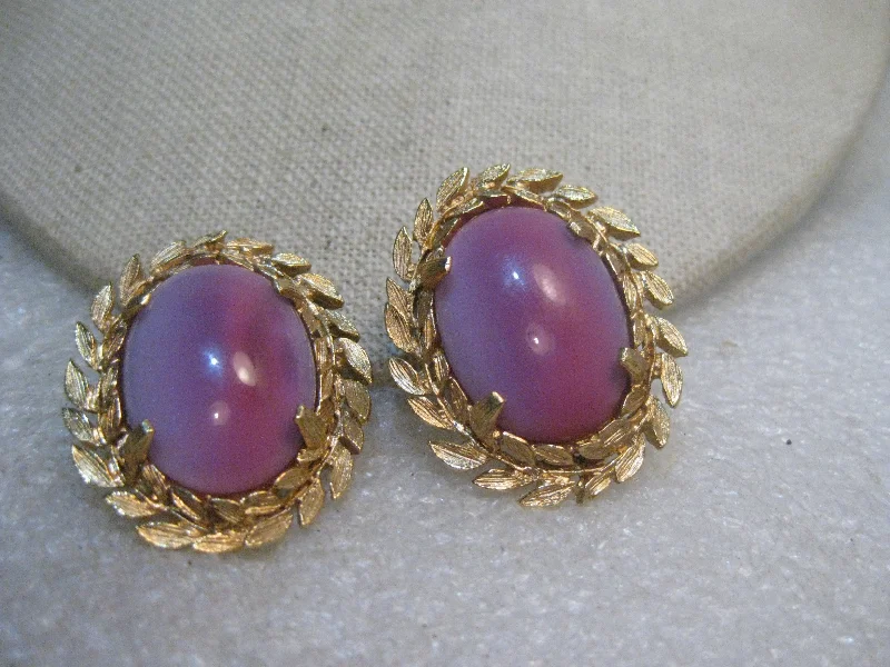 ladies white gold earrings lines -Vintage Pink Moonstone Clip Earrings, signed Judy Lee, 1960's, Leaf Framed, 1.5" Long