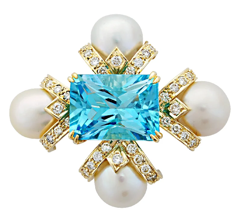 crisscross design brooch for women -Brooch - Blue Topaz, Pearl And Diamond