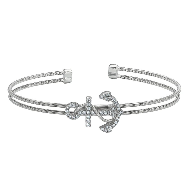 Ladies sharp geometric bracelets -Rhodium Finish Sterling Silver Two Cable Anchor Cuff Bracelet Bracelet with Simulated Diamonds