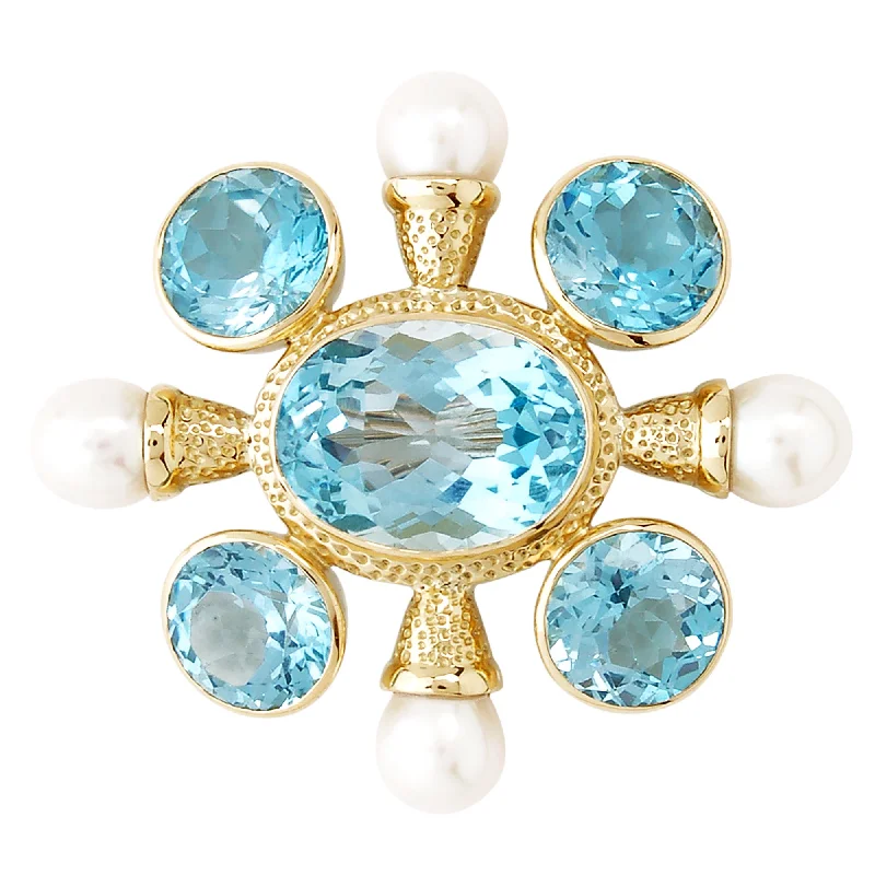 ladies yellow gold brooch dots -Brooch- Blue Topaz And Pearl