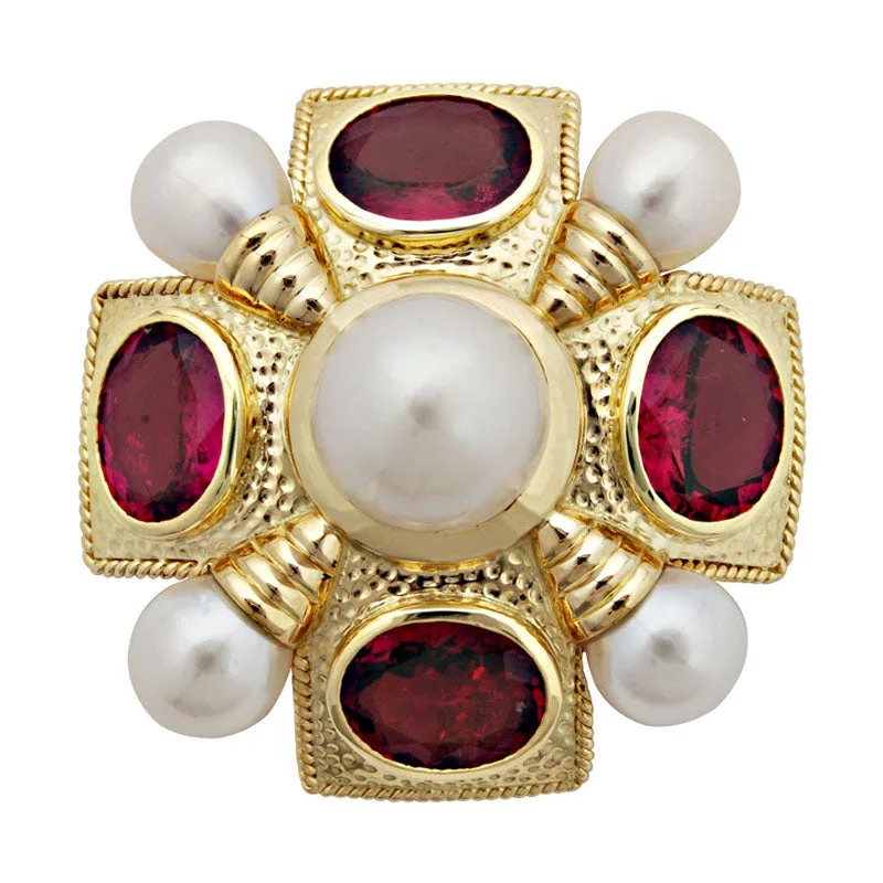 polished gold brooch for women -Brooch-Rubellite and Pearl