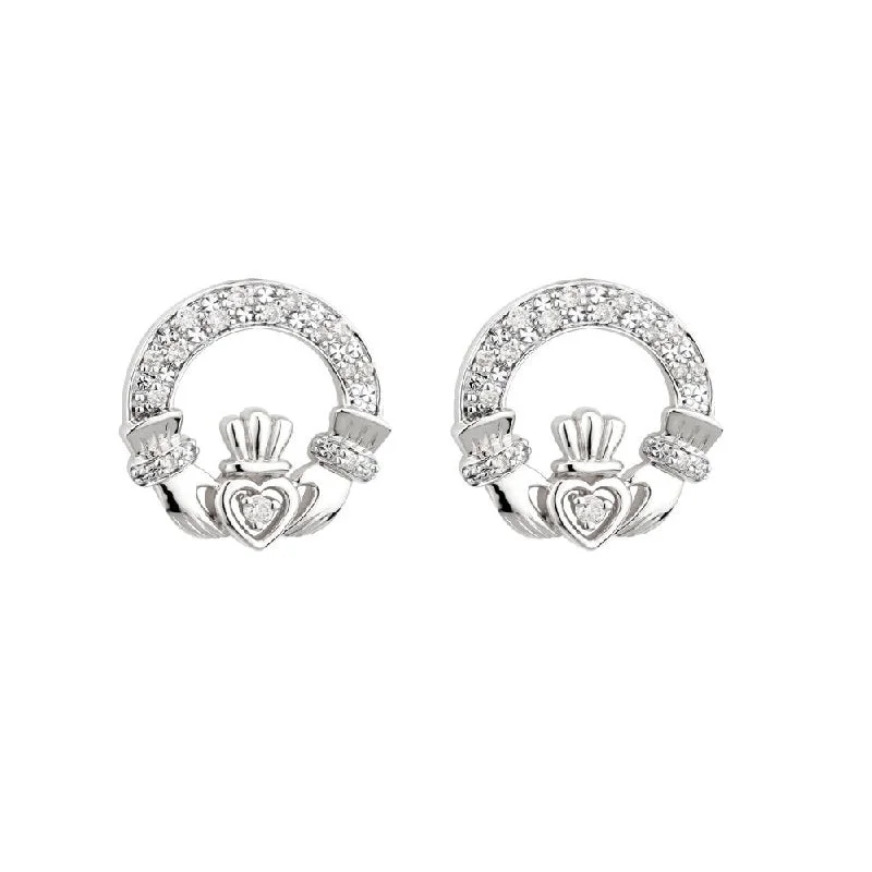 vintage gold tone earrings for women -14K White Gold Diamond Claddagh Earrings