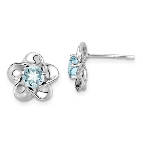 minimalist curve earrings for women -Sterling Silver Aquamarine Flower Birthstone Stud Post Earrings