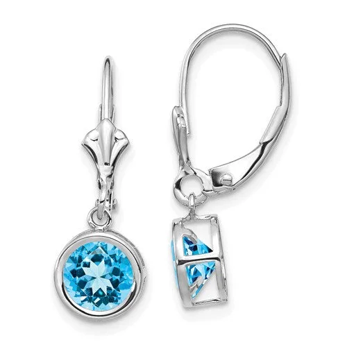 ladies tassel earrings party style -14k White Gold Bezel 6mm Round Swiss Blue Topaz Leverback Earrings