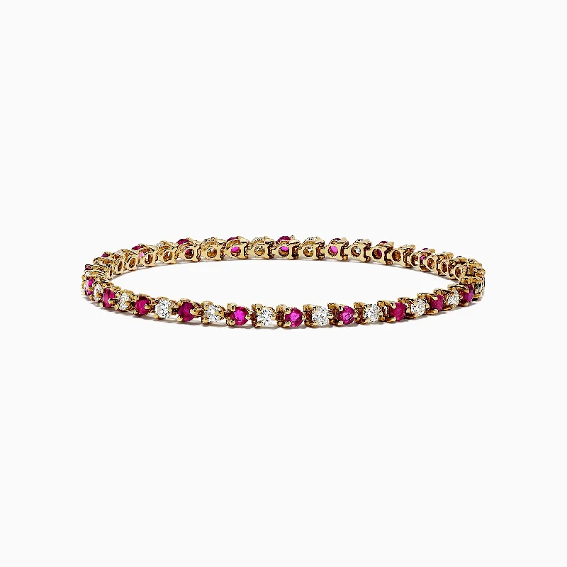 Ladies mermaid wave bracelets -14K Yellow Gold Ruby and Diamond Tennis Bracelet, 3.85 TCW