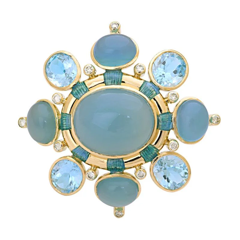 ladies silver brooch amber stones -Brooch- Chalcedony, Blue Topaz and Diamond (Enamel)  (1861A)