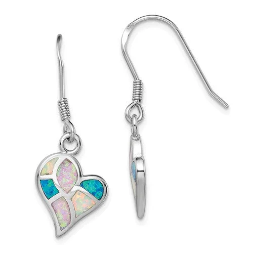 ladies gold earrings tree motifs -Sterling Silver Pink, Blue and White Rainbow Created Opal Heart Dangle Earrings