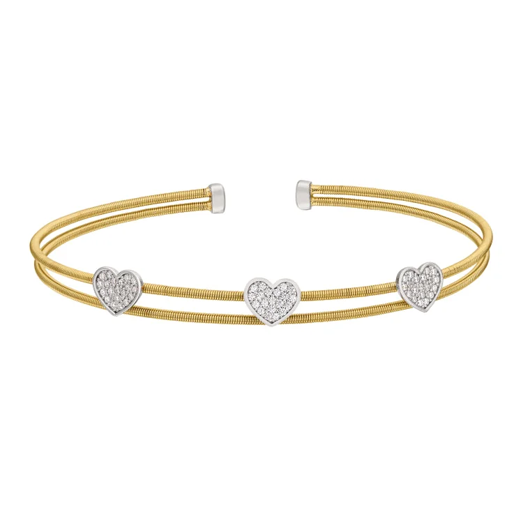 Ladies unicorn gleam bracelets -Gold Finish Sterling Silver Two Cable Cuff Bracelet with Rhodium Finish Simulated Diamond Hearts