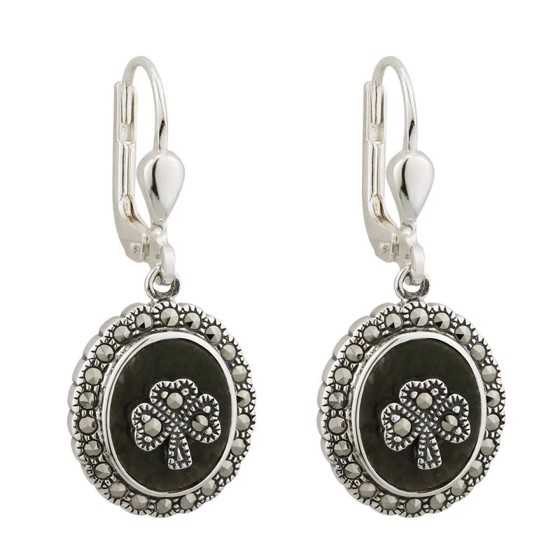 matte gold earrings for women -Marcasite Shamrock Connemara Marble Earrings