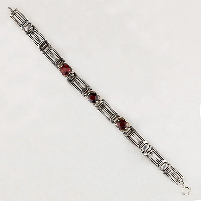 Ladies velvety smooth bracelets -Architectural Art Deco Garnet & Sterling Bracelet